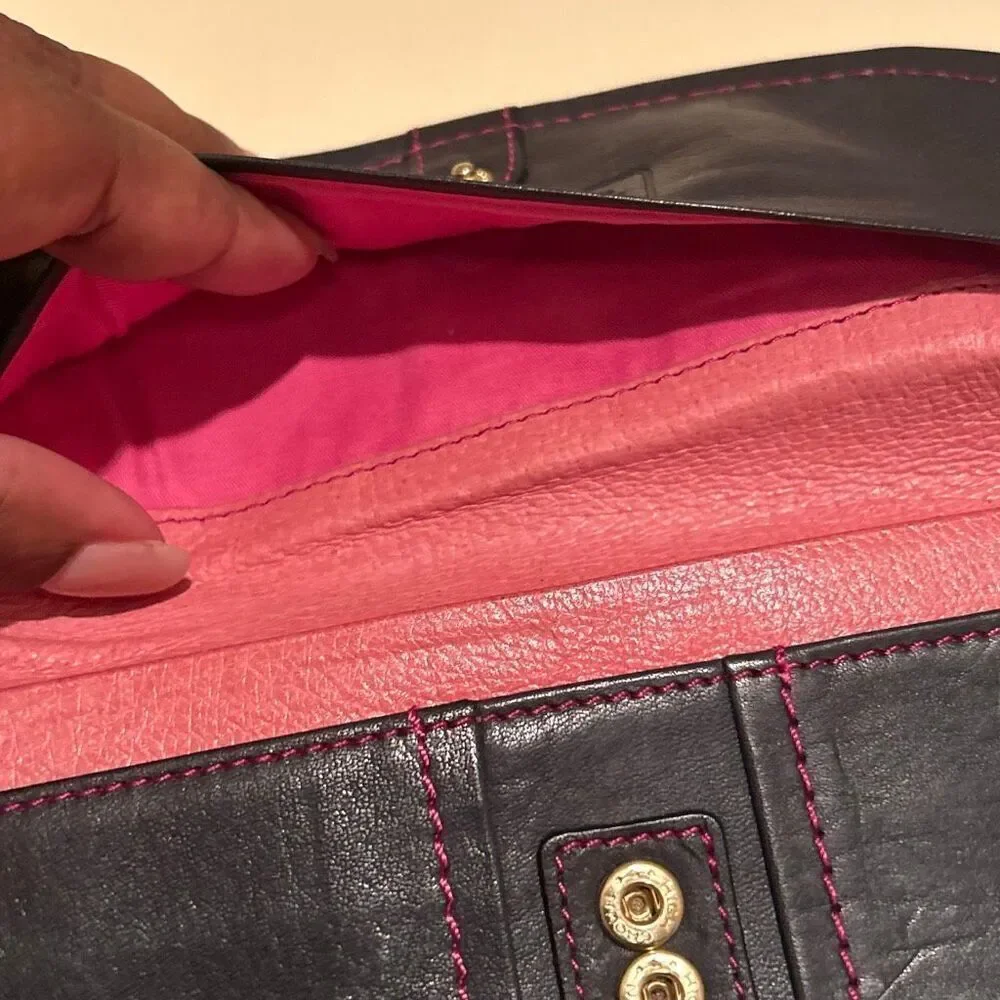 Frame Work Black Leather Long Wallet Hot Pink Contrast Stitch Accent Y2K Style